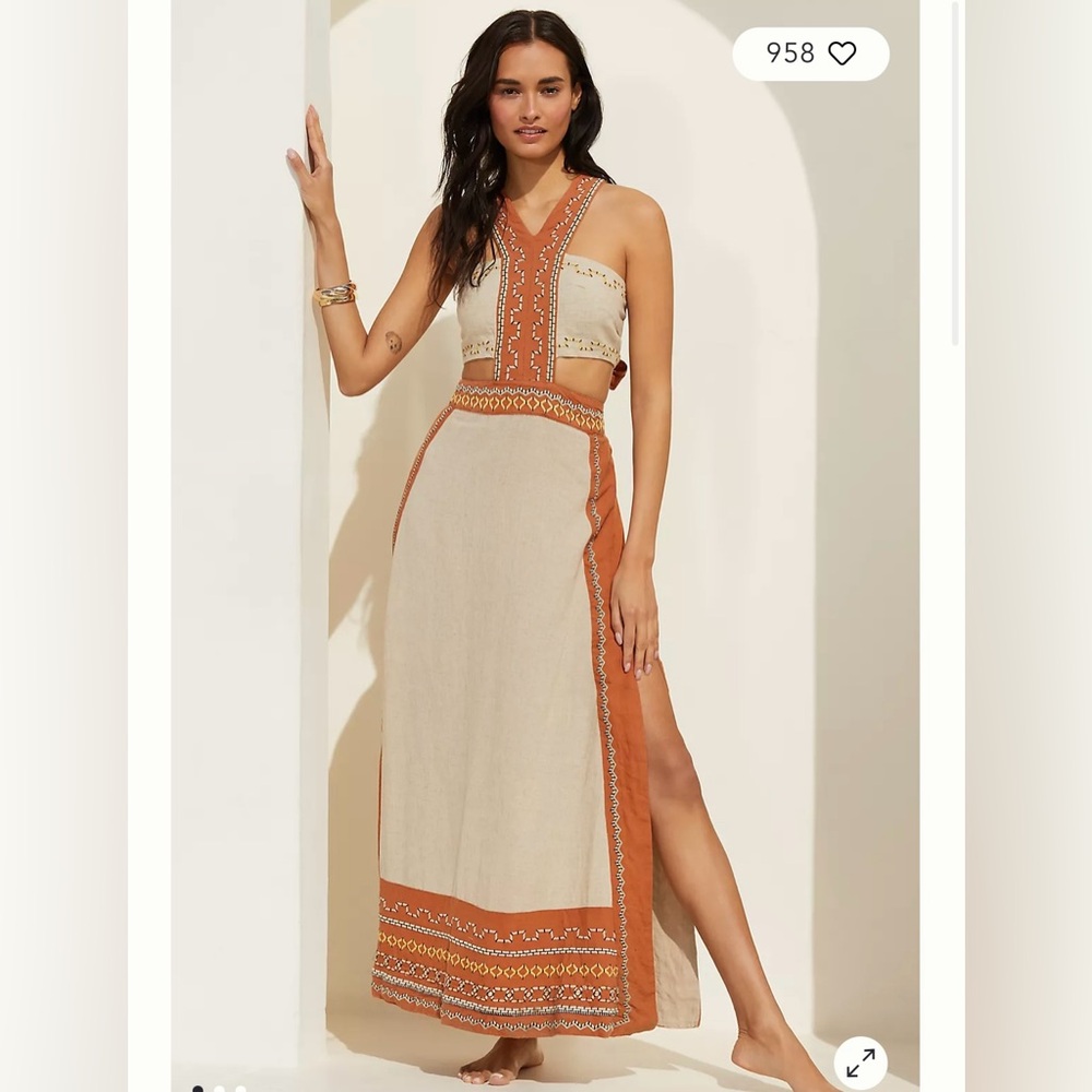 Anthropologie Cream and Rust Backless Maxi Dress